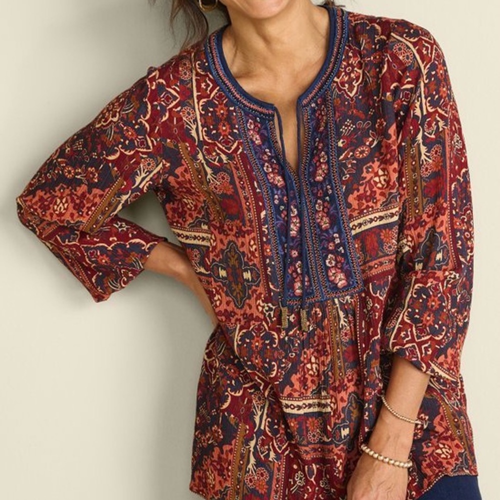 Soft Surroundings Red and Blue embroidered yoke top